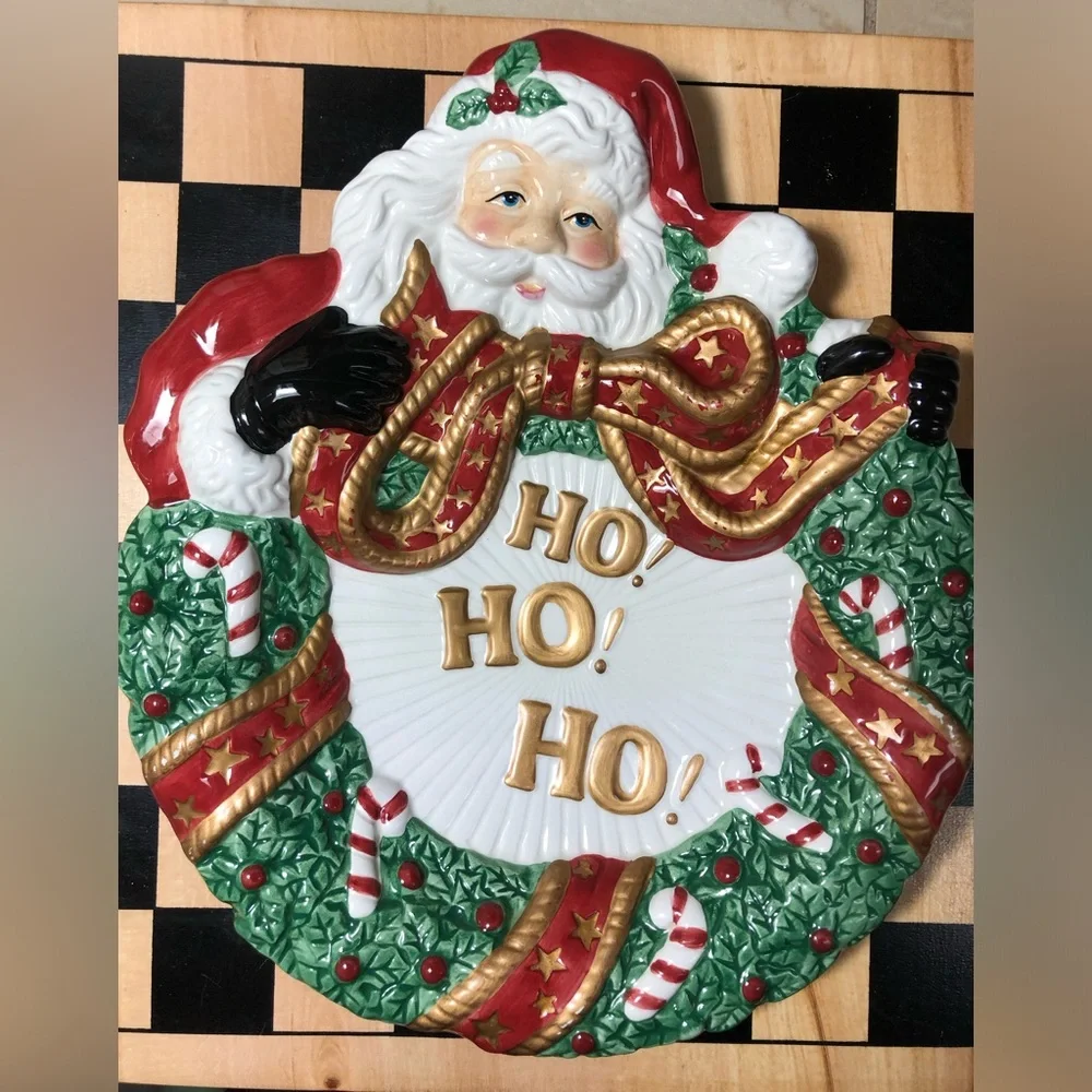 Fitz and Floyd Essentials Santa with Wreath Canape Plate Ceramic Ho! Ho! Ho!